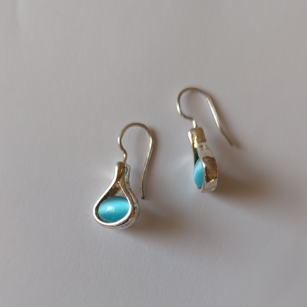 Silver Tone and Blue Teardrop Earrings